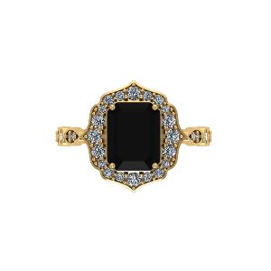 3.30 Carat Floral Black Diamond Emerald Cut 14k Yellow Gold Ring
