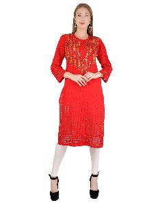 Chikan Handmade Multi Color On Red Embroidered Long Ethnic Kurti