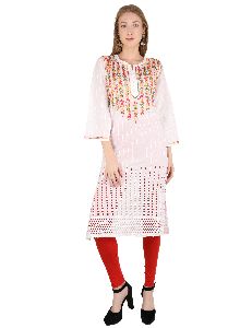 Chikan Handmade Multicolor On White Embroidery Long Ethnic Western Style Kurti