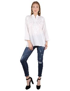 Chikan Handmade White On White Ethnic Embroidered Tunic