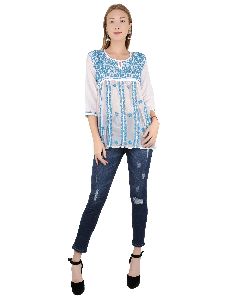 Western Style Chicken Handmade Blue On White Light Embroidered Tunic