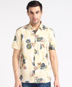 Mens Creamy Big Flower Print Half Sleeves Cotton Shirt