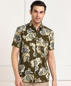 Mens Mehandi Green Printed Half Sleeves Cotton Shirt