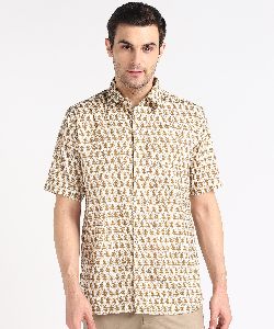 Mens Mustard Yellow Kari Printed Half Sleeves Cotton Shirt