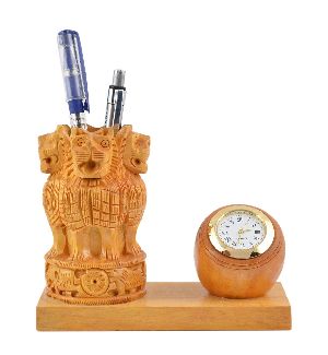 Wooden Ashok Stambh Pen Stand with Clock
