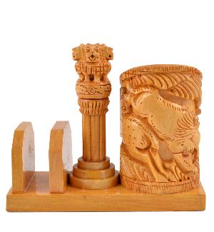 Wooden Ashok Stambh Pen Stand with Clock