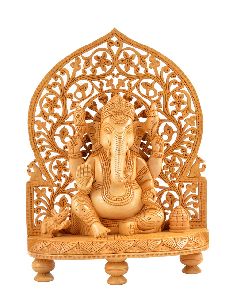 Wooden Ganesha On Singhasan Statue