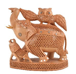 Wooden Undercut Elephant with Lion and Owl