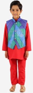 Boys Kurta Pajama with Bandhani Print Jacket