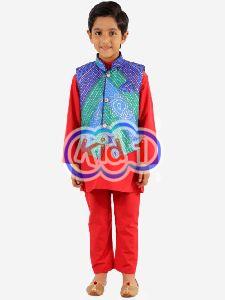 Boys Kurta Pajama with Bandhani Print Jacket