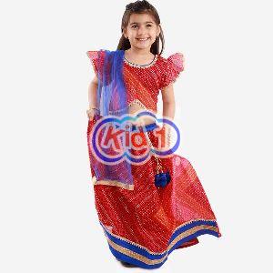 Kids Bandhani Print Flutter Sleeve Choli With Lehenga Set