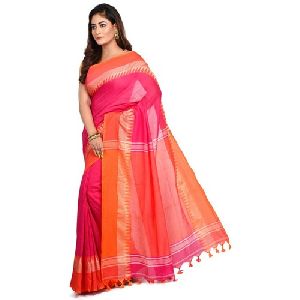 Pink temple border Cotton Saree