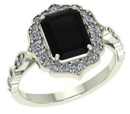 3.30 Carat Floral Black Emerald Cut Ring In 14k White Gold