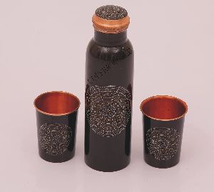 Meena Print Copper Water Bottle and Two Glass Set