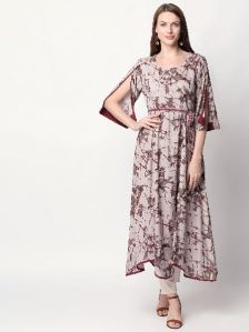 Riyaz Gangji Libas Burgundy Print Rayon Fabric Nude Kurti