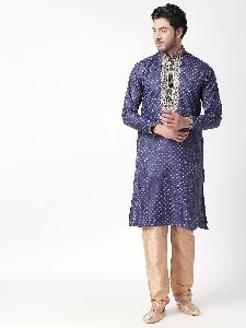 Cotton Blend Full Sleeves Straight Ethnic Kurta For Men (Navy Blue)