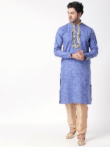 Cotton Blend Full Sleeves Straight Ethnic Mens Kurta (Blue)