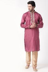 Cotton Blend Regular Full Sleeves Straight Ethnic Mens Kurta (Pink)