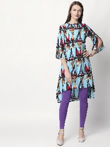 Draw String Printed Rayon Fabric Sky Blue Kurti