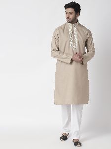 Ethnic Cotton Mens Kurta For Wedding Festival Party Celebration (Beige)