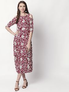 Floral Print Rayon Fabric Red Long Kurti