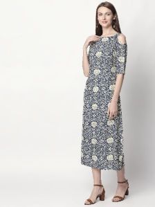 Floral Print with Rayon Fabric Navy Blue Kurti