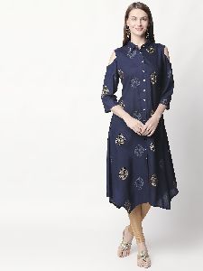 Golden Floral Print Navy Blue Kurti