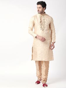 Mens Cotton Blend Straight Ethnic Kurta (Cream)