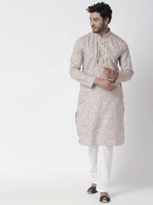 Mens Ethnic Straight Fit Cotton Kurta (Beige)