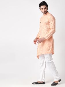 Mens Regular Fit Cotton Blend Straight Ethinc Kurta (Orange)