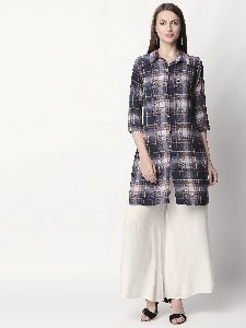 Multi Colour Checks Printed Rayon Fabric Kurti