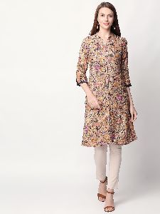 Multi Colour Floral Print Rayon Fabric Light Brown Kurti