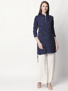 Navy Blue Printed Rayon Fabric Kurti