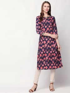 Red Leaf Printed Rayon Blue Kurti