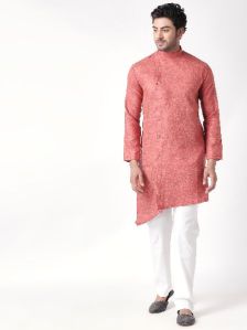 Regular Fit Cotton Blend Straight Ethinc Kurta For Men (Red)