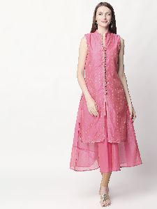 RIYAZ GANGJI LIBAS Womens Chanderi Printed Regular Kurti Pink