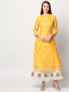 RIYAZ GANGJI LIBAS Womens Chanderi Printed Regular Kurti Yellow