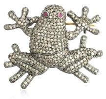 Sterling Silver Diamond Frog Brooch With Ruby Eye