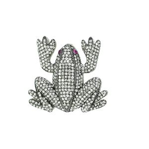 Sterling Silver Diamond Frog Brooch With Ruby Eyes