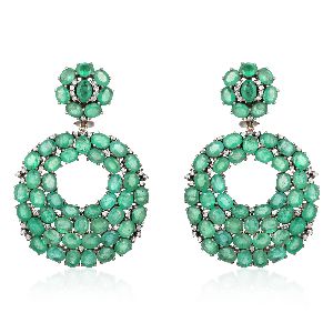 Sterling Silver With 14k Gold Emerald Dangle Diamond Earrings