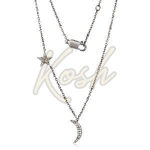Sterling Silver Half Moon and Star Diamond Pendant with Chain