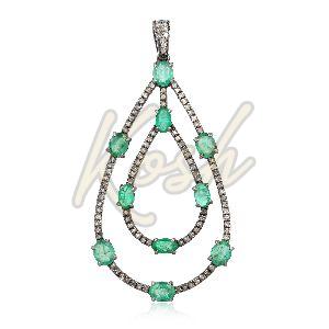 Sterling Silver Pear Shape Emerald Diamond Pendant