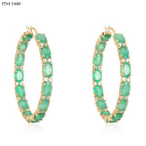 Yellow Gold Emerald Diamond Hoop Earrings