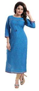 QS 6294 Blue Women Cotton Handloom Kurta With Plating