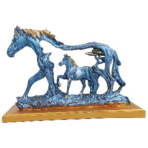 Golden Blue Galloping Horse Statue