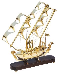 Brass Table Decor Showpiece Ship With Wooden Base (MR128 C)