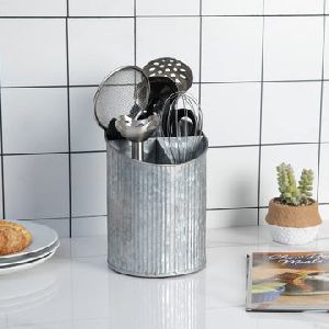 4 Compartment Corrugated Galvanized Metal Angled Cooking Utensil Holder Crock