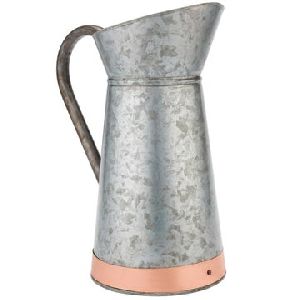 Vintage Galvanized Silver Metal Pitcher Vase wIithCopper Strip