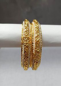 Oxidized Gold Plated Metal with White Beads Bangles