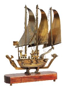 Wooden Base Antique Brass Ship